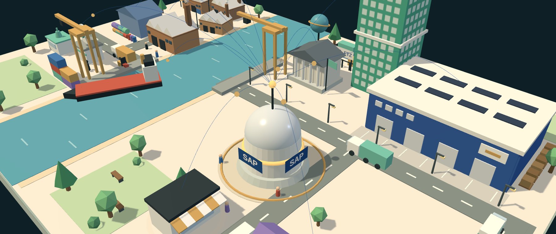 Still image of the 3D supply chain board, with the SAP hub connecting factories, port, customs, warehouse and stores