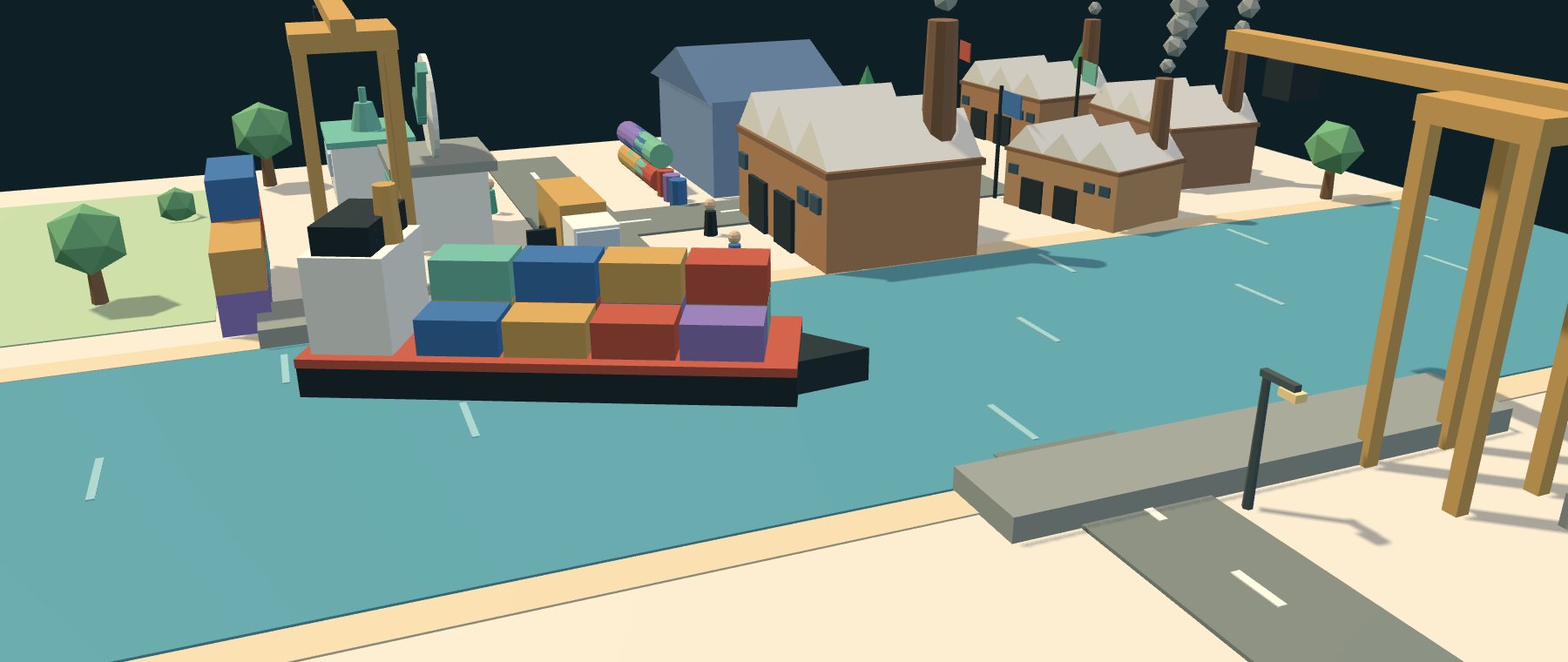 Illustration of a container ship leaving port, with cranes, container stacks and factories along the waterfront