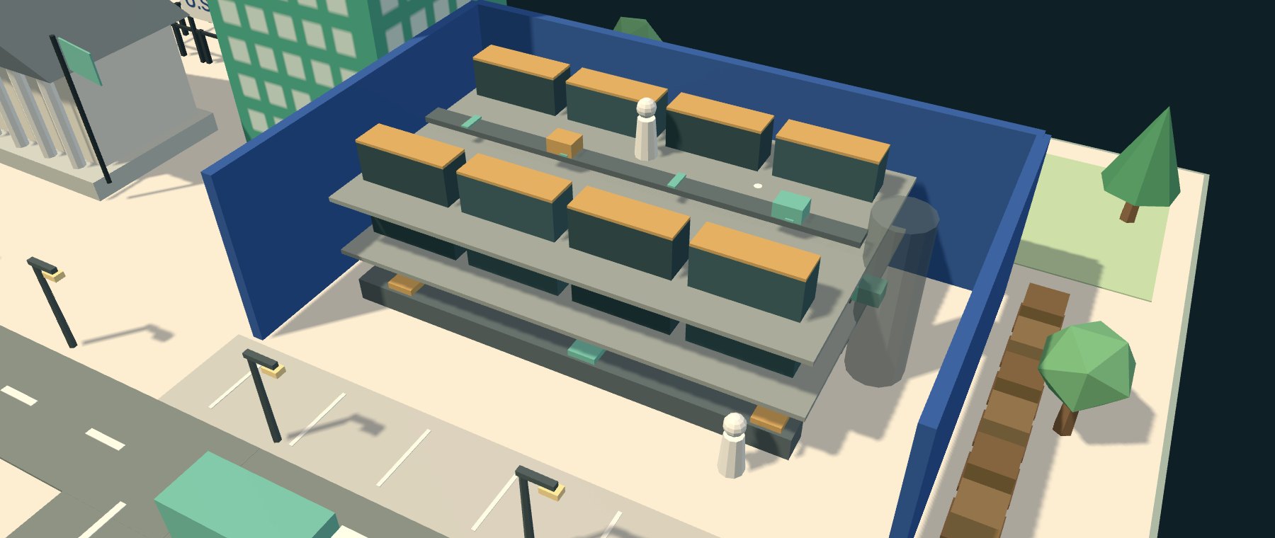 Cutaway illustration of a distribution center with a three-story pick module and zone-route conveyor
